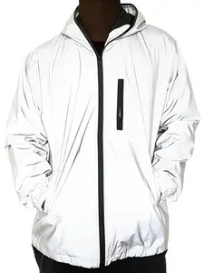 Men's Silver Color Reflective Hooded Jacket, Fitted Spring & Fall Night Cycling Jacket, Fashion Streetwear Sports Wear, Zip Front Jacket, Athletic Jackets