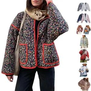 Women's retro Y2K cut flower quilted jacket printed casual lightweight front opening soft padded down jacketRAIMENTRY