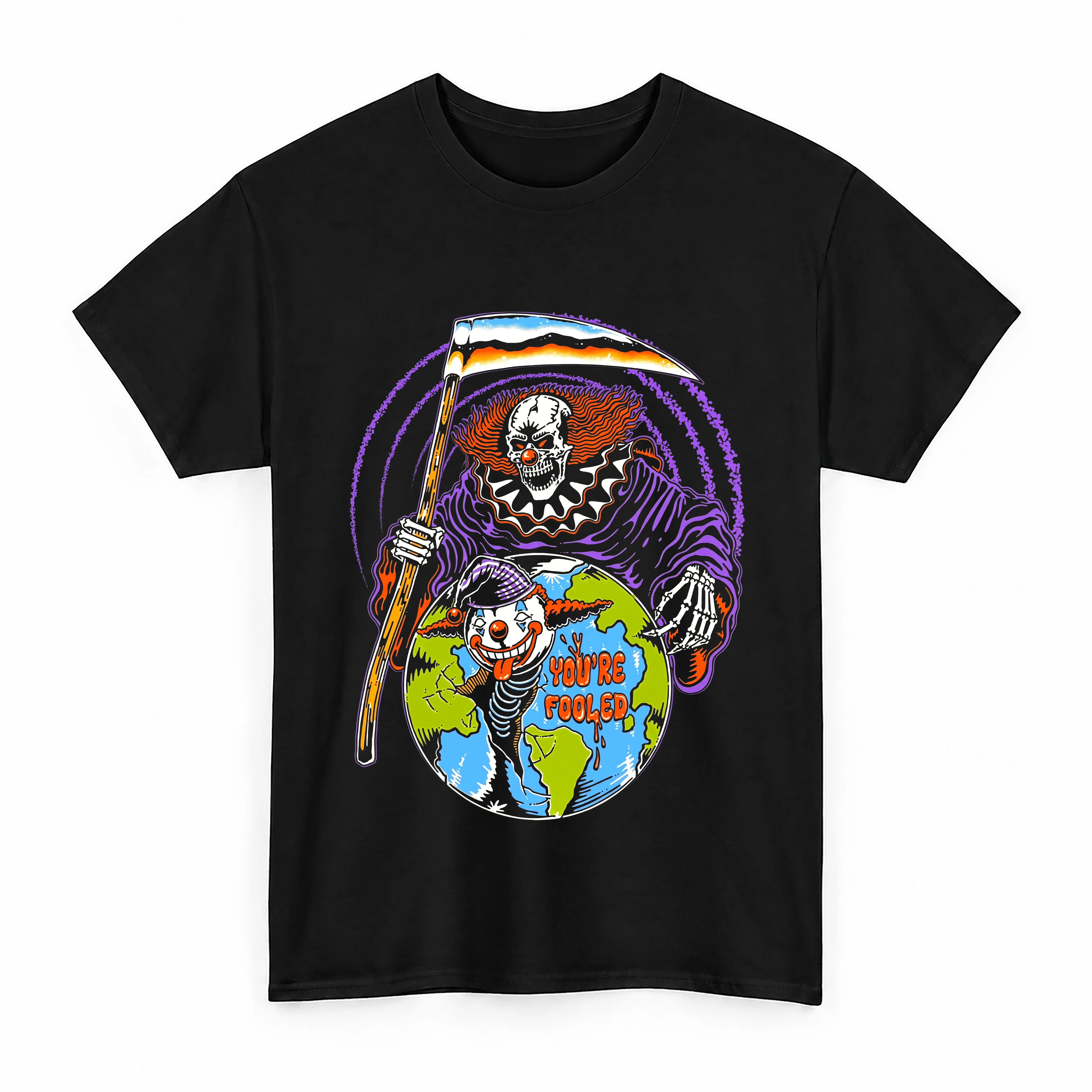 Evil Clown Grim Reaper Globe Graphic Tee, Dark Circus Horror Streetwear T-Shirt, Y2K Grunge Alternative Top backtoschool
