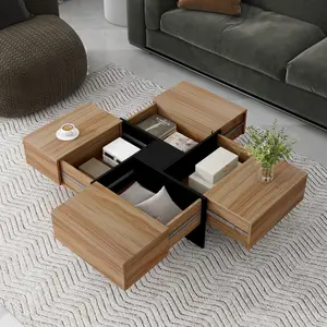 Unique Design Coffee Table with 4 Hidden Storage Compartments, Square Cocktail Table with Extendable Sliding Tabletop, UV High-gloss Design Center Table for Living Room, 31.5"x 31.5"