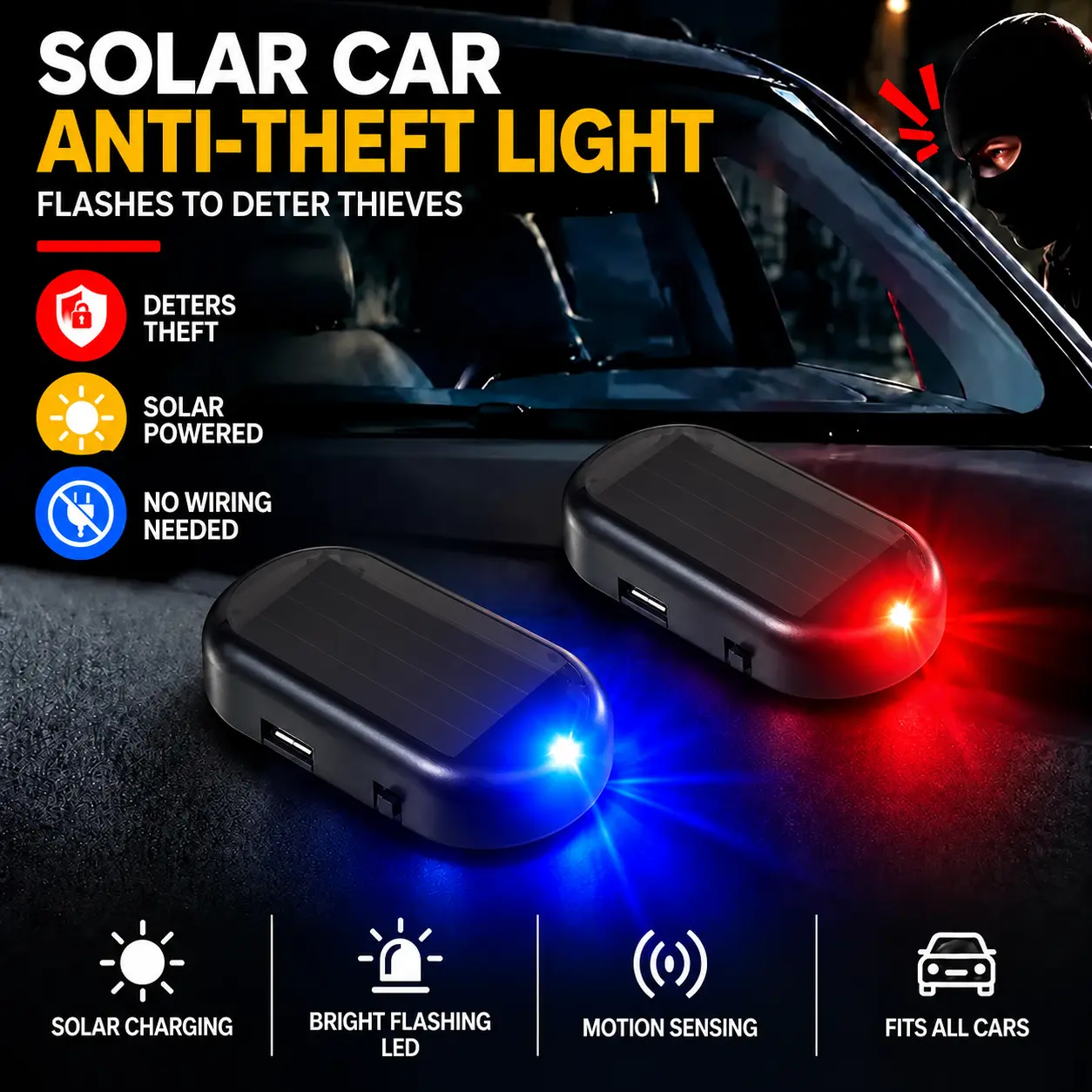 Solar Powered Fake Car Alarm Light, LED Flashing Dummy Security Warning Light with Auto Light Sensor, No Wiring Car Anti-Theft Deterrent