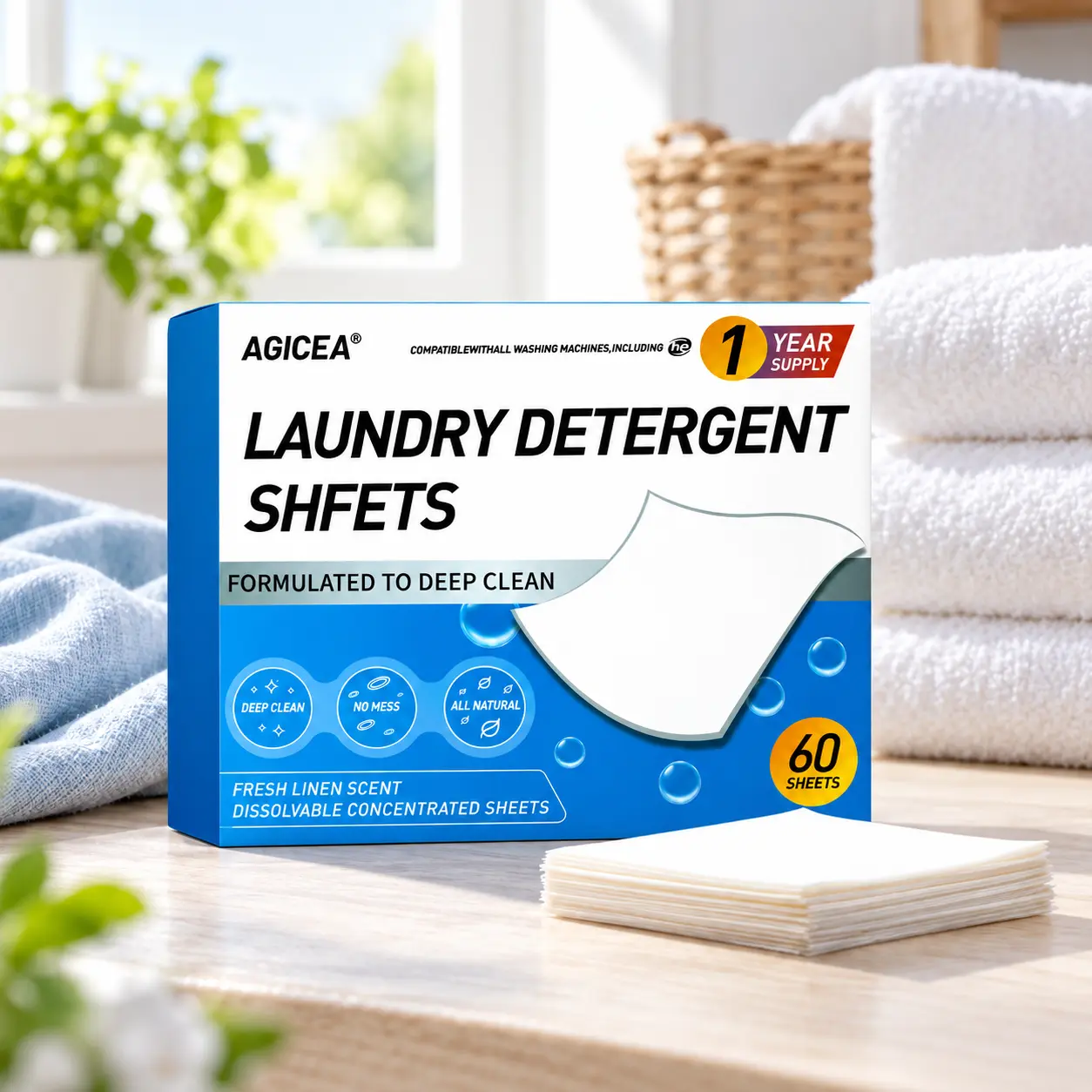 AGICEA Laundry Detergent Fresh Breeze (60/Pack), Plastic-Free Packaging, Dissolvable & Space-Saving Laundry Soap Sheets
