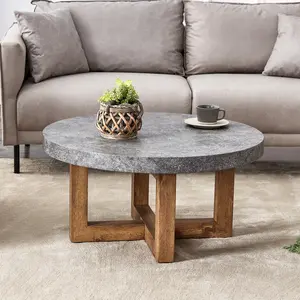 Modern Gray Texture MDF Round Coffee Table - 31.4" Diameter.A modern retro circular coffee table with a diameter of 31.4 inches, made of MDF material, suitable for living rooms.