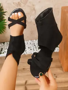 New High-Top Plain Sandals, Fashionable Cross Strap Design, Concealed Fatigue, Medium Width, Less Than Ankle Height, Rubber Sole