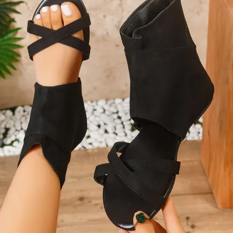 New High-Top Plain Women Fashionable Casual Sandals, Fashionable Cross Strap Design, Concealed Fatigue, Medium Width, Less Than Ankle Height, Rubber Sole, Footwear