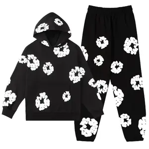 Denim Pants Flower Hoodie - Boy Design Set, Pockets, Youth Style, Sweatshirt & Joggers, Wide Leg, TersSweatpants Dress Outfit Clothes Suits Elegant Formal Black Casual Menswear