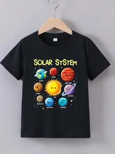 Summer Kids Round Neck Short Sleeve T-Shirt, Cartoon Solar System Planet Print, Boys Fun Science Casual Half Sleeve, Breathable Comfort, Funny Graphic Tee, Graphic Printed Shirt