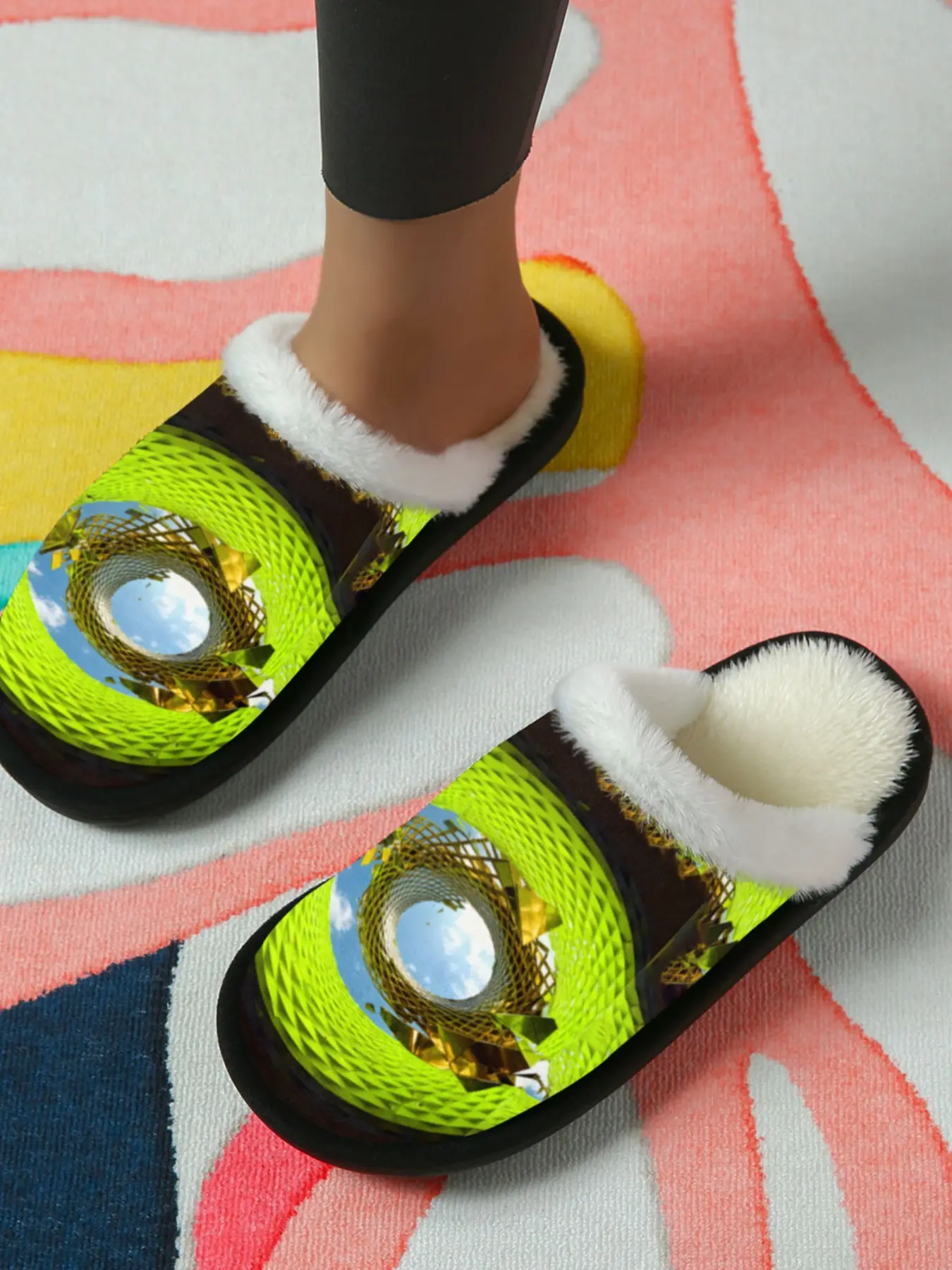 Fluo Mechanical Tunnel Printed Cotton Slippers, Future Tech Style, Fuzzy Lined Anti-Slip Thick Sole, Home Use Men Women Fall Winter Warm Shoes