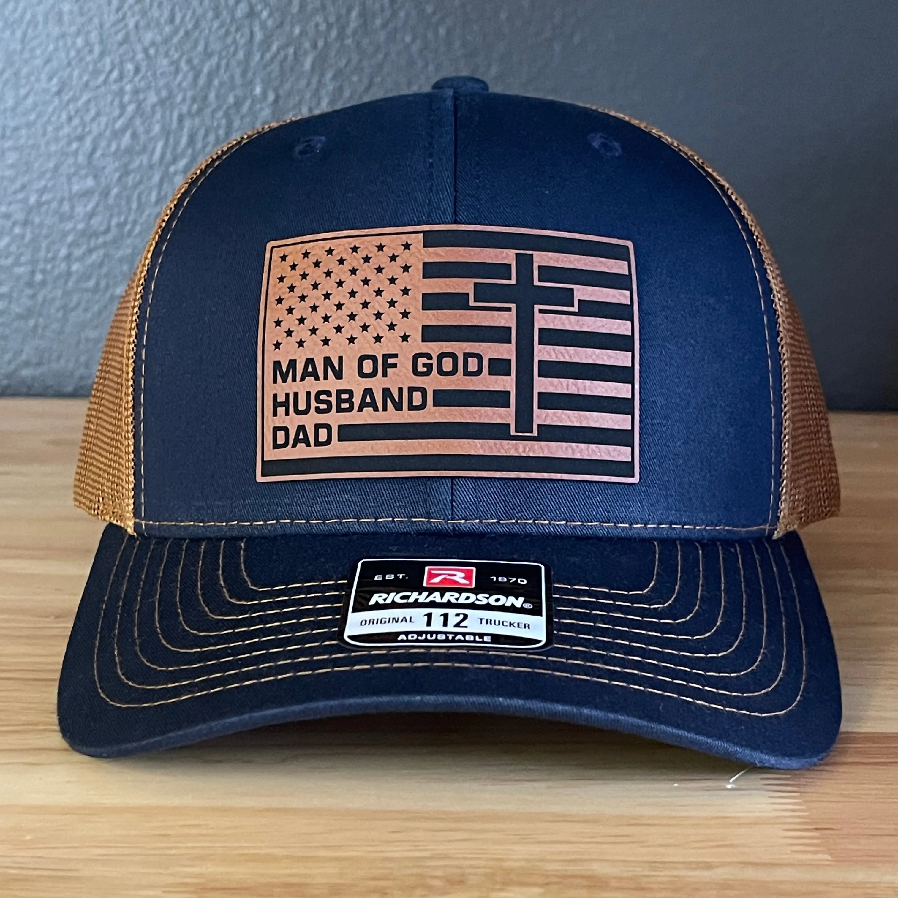 American Flag Man Of God Cross Christian SnapBack Trucker Hat Leather Patch Faith Adjustable