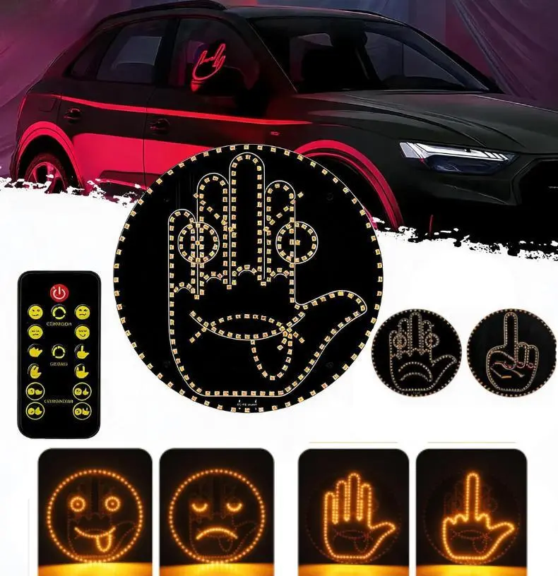 Remote Control LED Car Expression Light - Unisex Aesthetic Car Accessory with Middle Finger/Palm Gesture Icons, Universal Rear Window Ambient Display Decorations