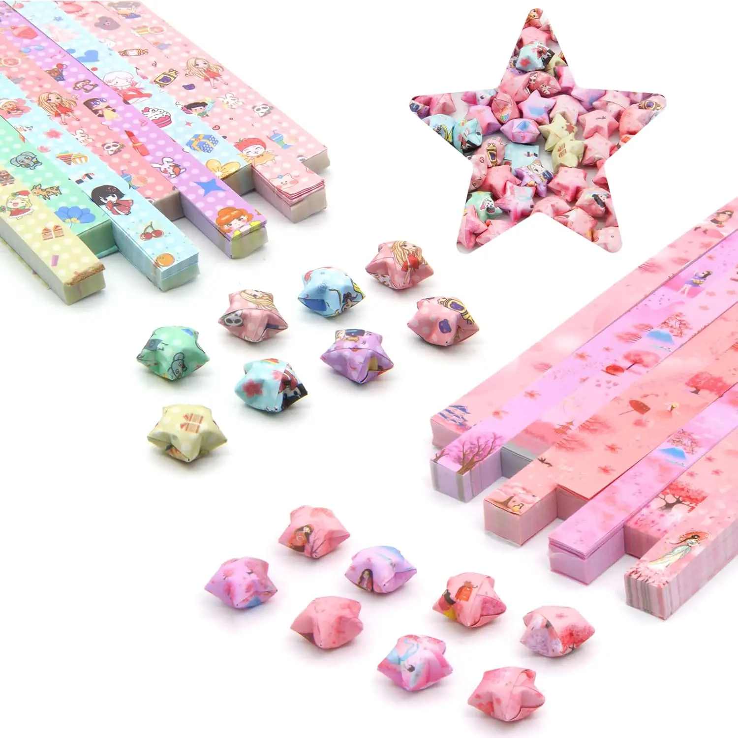 1120 Sheets Origami Star Paper Strips with 2 Different Designs of Cute Cartoon Origami for DIY Handcrafts Diy Material Art Set