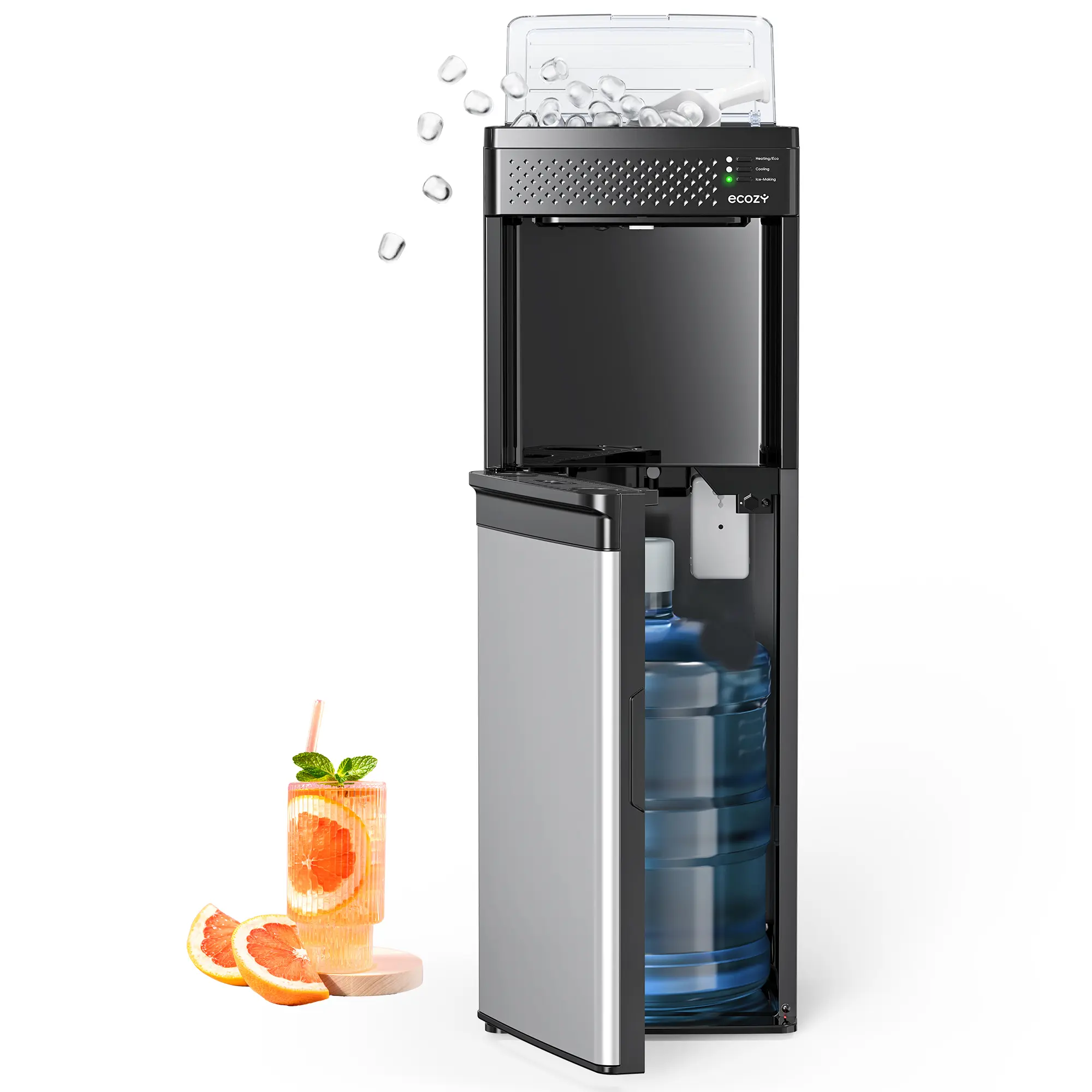 ecozy 4-in-1 Bottom-Loading Water Dispenser with Ice Maker, ECO Mode | Hot & Cold Water Cooler, 33 lbs/Day, Child Lock, Night Light, Fits 3 & 5 Gallon Bottles for Home, Office - Stainless Steel