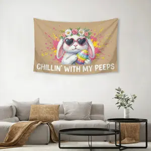 Funny Easter Bunny Banner Tapestry, Chillin' With My Peeps, Spring Wall Decor