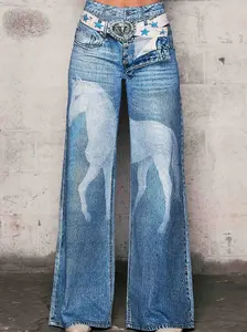 [XPT817] Horse Digital Print Wide Leg Jeans