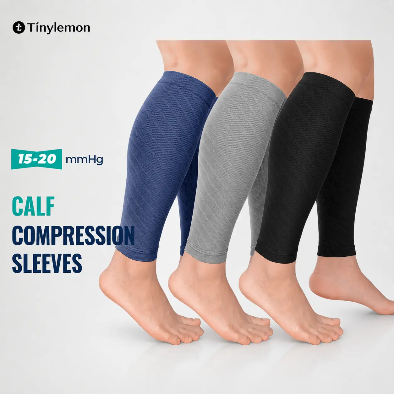 Tinylemon 3 Pairs Compression Calf Socks - 15-20 mmHg Footless Stretch Nylon Breathable Calf Support Sleeves for Adult Men, Running, Cycling, Adults