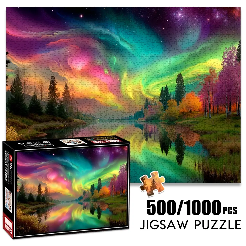 1pc 1000 piece adult puzzle 70x50cm Colorful Aurora Borealis Galaxy over Lake and Forest Landscape 500 pieces paper jigsaw puzzle suitable for DIY creative games for adults and families, birthday and holida Art Puzzles Gift