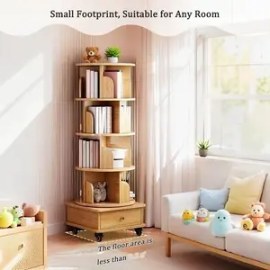 5 Tier Rotating Bookshelf, 360° Display Round Spinning Bookshelf with Wheels, Space-Saving, Small Space Rotating Bookshelf Tower for Bedroom, Living Room, Home, Office