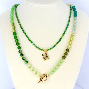 Women's Green Gradient Initial 2-Piece Necklace Set, Charm Stacking, Colorful Bead, Double Stacked Costume Jewelry, Charm Stacking Necklaces, Colorful Bead Necklaces