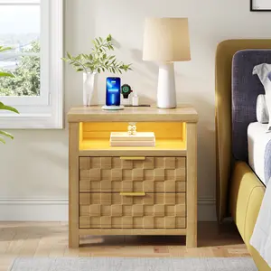 Dystler Nightstand with Charging Station, 25.6" Wide Bedside Table with 2 Drawers, Smart Side Table with 3-Color LED Lights and Adjustable Lighting for Bedroom, Wood