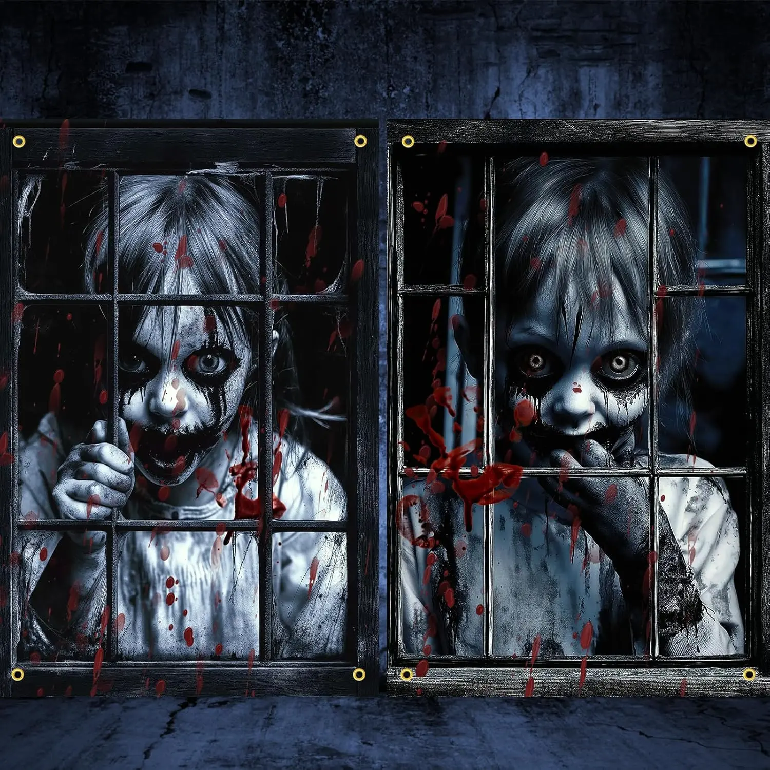 2 count Scary Halloween Window Decorations - Ghost Silhouette Window Cover with Bloody Effects, Haunted House Curtain for Indoor Outdoor  Party Decoration()