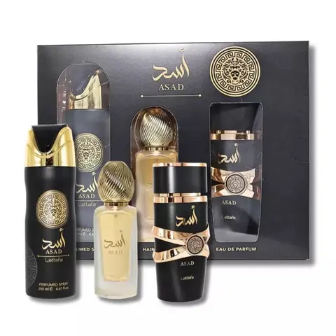 Lattafa Asad Fragrance 3-Piece Bundle Set - Boxed Perfume with Lasting Effects, Asad EDP 3.4 oz, Deodorant 200 ml, Hair Mist, Lasting Effects Fragrance Sets