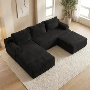 【Summer Vibes】95.2" Chaise Lounge cloud sectional Sofa with L-shaped chaise and ottoman, modular corduroy sofa, convertible double sofa bed, no assembly required