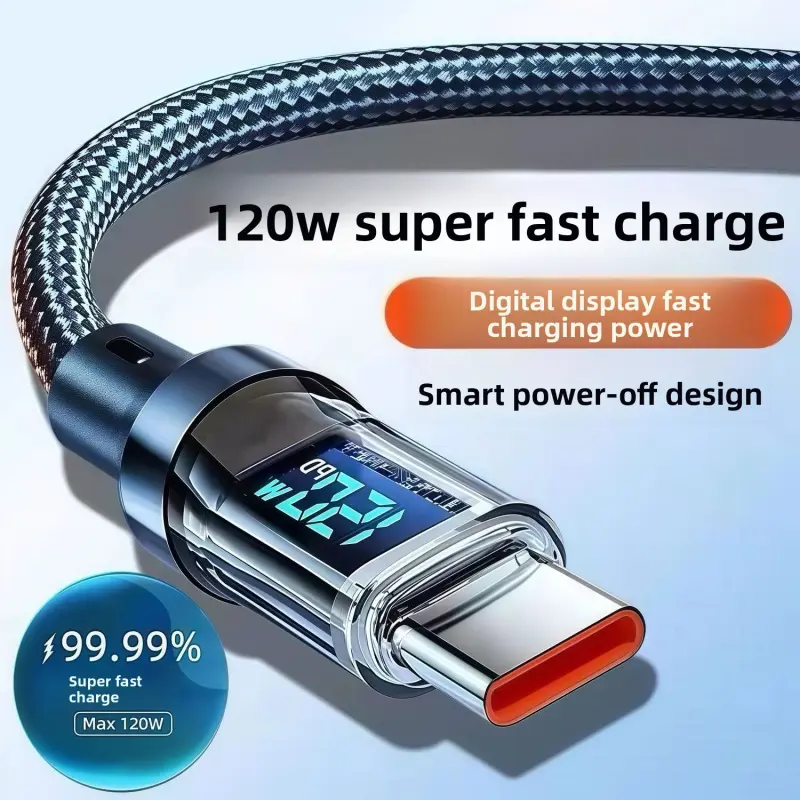 120W USB Type-C Fast Charger Adapter - Intelligent Digital Display, Smart Power-Off Design, Expansion Function for Smartphone, Cellphone, Electronic Devices & Charging Cable
