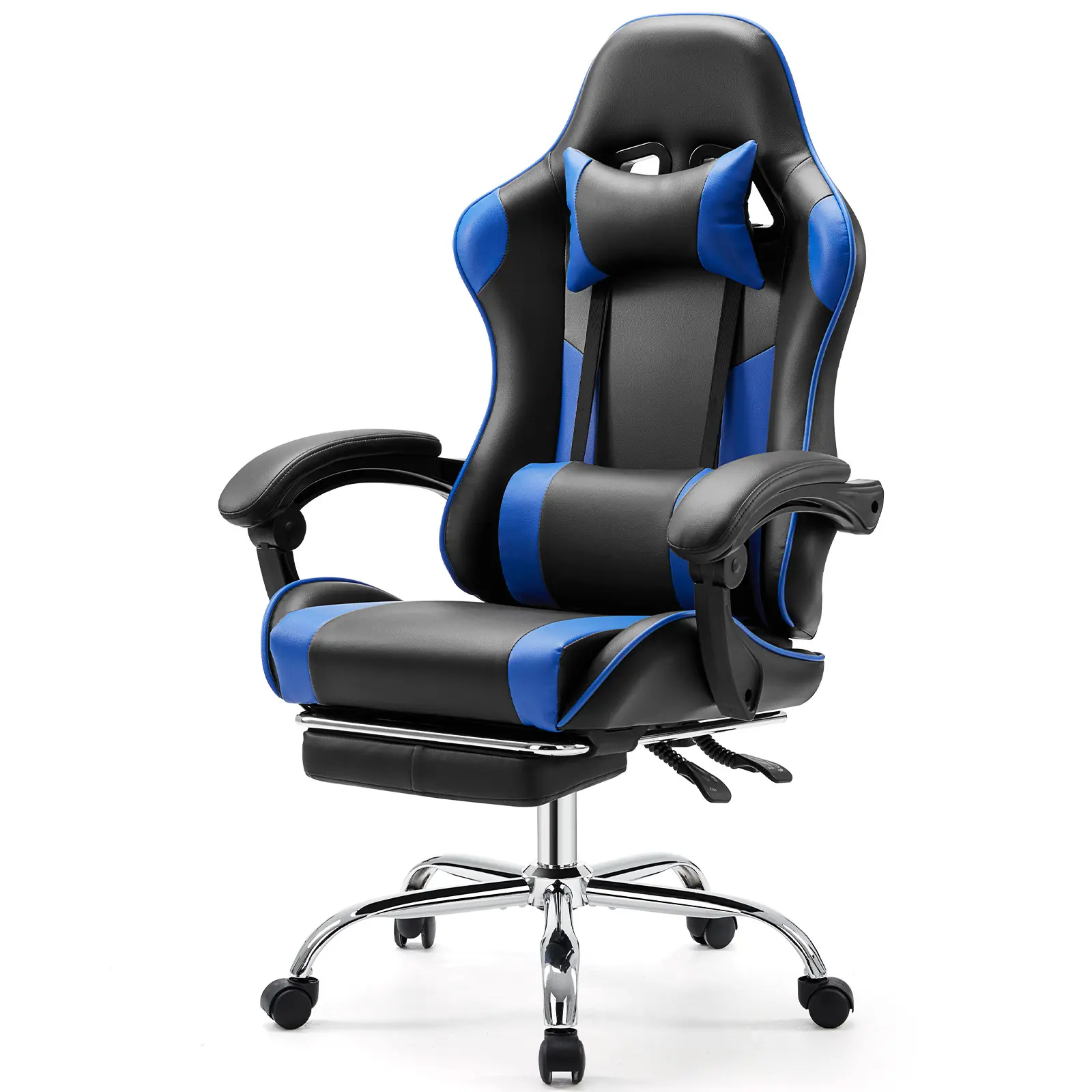 Sweet Furniture F Gaming Chair with Footrest, Adjustable Lumbar Support and Headrest, PU Leather Recliner with Fixed Armrests, Height Adjustable and 360° Swivel