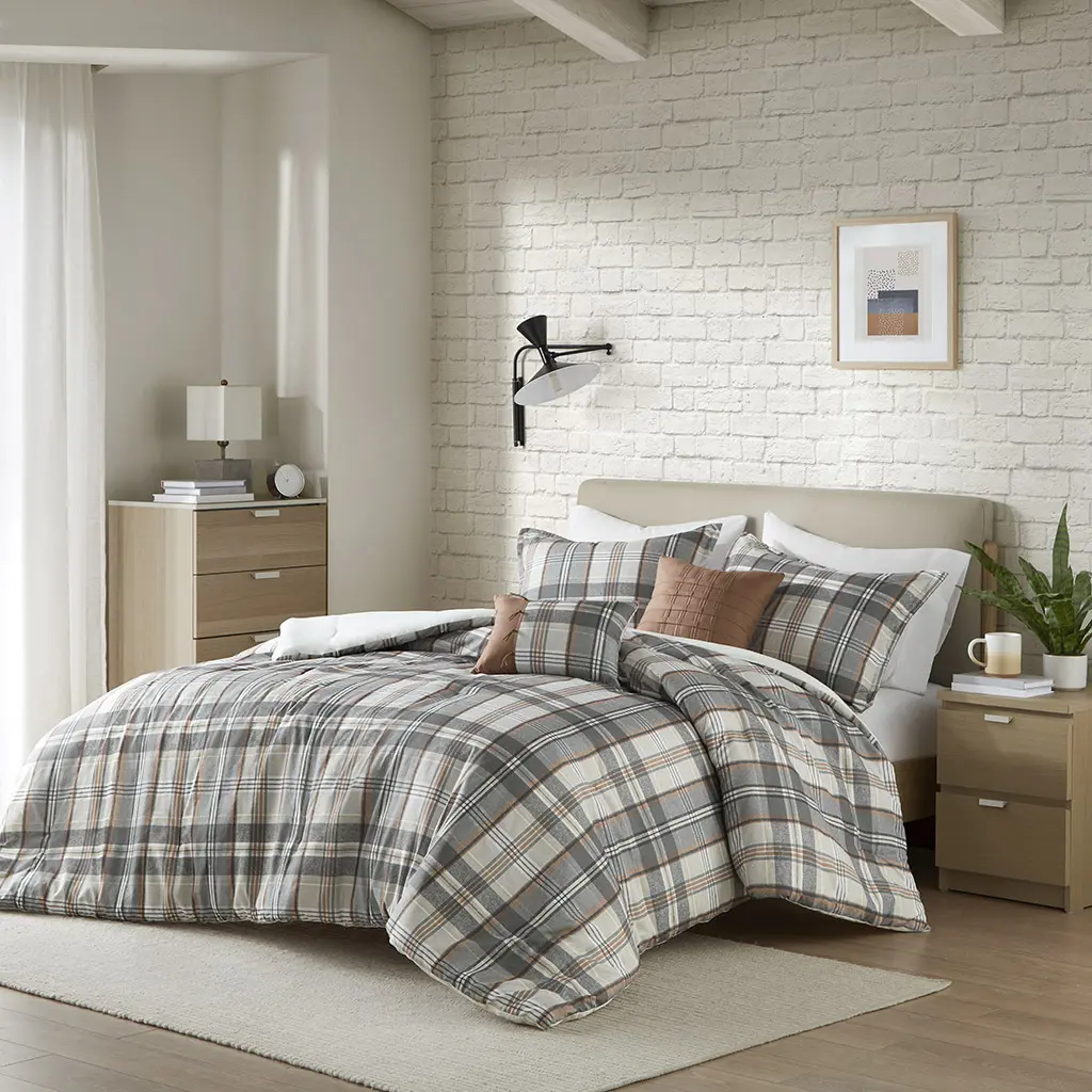 Classic Twin Size Decorative Checkered Plaid Print Blanket Set - 3-Piece Multi-Item Bedding Sets Collections, 360-Stand Vintage Microfiber, Hypoallergenic Polyester Fiber, Machine Washable, 68x90x1 in Tan & Gray, Intelligent Design ID10-2332