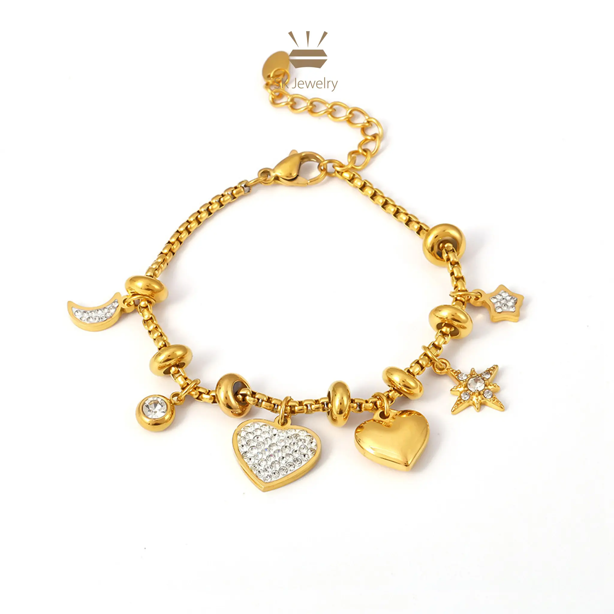 Women's Gold Celestial Charm Dangle Chain Bracelets & Bangles - Surgical Steel, Waterproof, Tarnish-Resistant, Adjustable for Stacking, Elegant, Cubic Zirconia, Romance, Valentine's Day, Birthday, Christmas, Anniversary Gifts