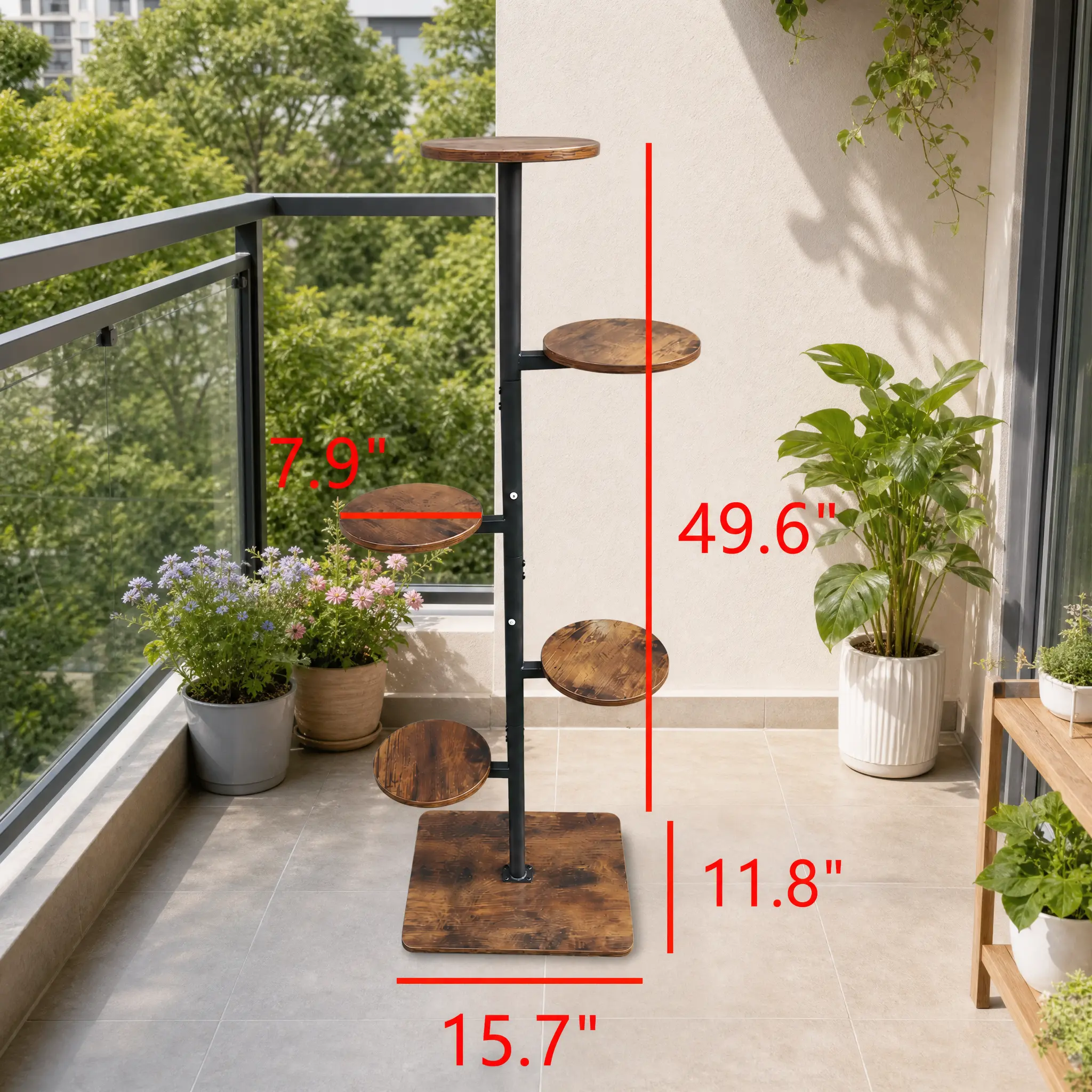 5 Tier Tall Plant Stand Industrial Wood Metal Flower Shelf Multi-Potted Plant Display Rack Indoor Outdoor