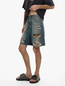 Men's Summer Dark Blue Washed Ripped Denim Shorts, American High Street Loose Fit Straight Leg Streetwear Hip Hop Five-Quarter Pants