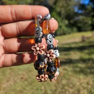 Amber Root Energy Bracelets Hand-Crafted with Grounding Dark Beads Warm Amber-Toned Glass & Carved Floral Accents for Daily Wear