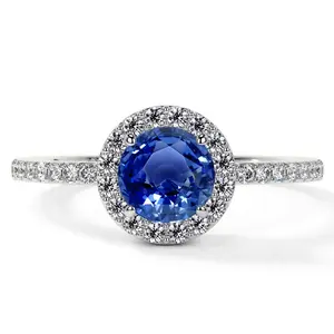 Classic Round Blue Sapphire Halo Ring with Prong Set Diamonds (1.35cttw)- RBS001-6X6-AAA