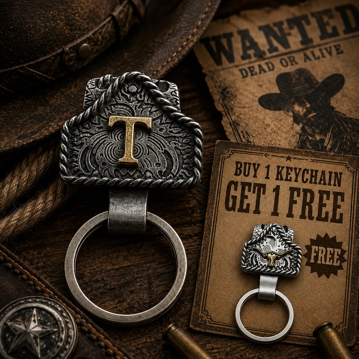 Handmade Cow Tag Belt Key Holder with Copper Initial – Custom Western Keychain for Men & Women, Texas-Inspired Cowboy Keychain, Fashion Accessory for Bags, Keys & Gifts