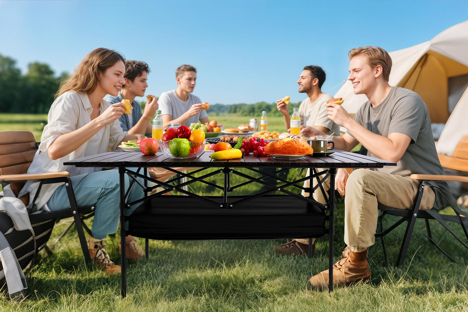 Senmeo Foldable Outdoor Camping Table Height Adjustable, with Mesh Storage Bag And Carrying Bag, Portable Aluminum Rolling Table for Indoor, Outdoor, Camping, Beach, Backyard, Barbecue, Party, Patio, Picnic-Easy to Store