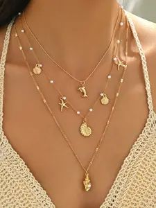 2pcs/Set Bohemian Ocean Style Beaded Pearl Metal Shell & Starfish Pendant Necklace, Fashion Beach Resort Jewelry Suitable For Daily Wear And Beach Travel