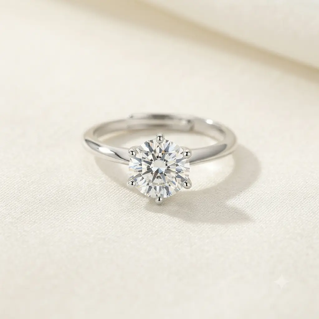 Adjustable Moissanite Ring For Women Open Band Round Cut Diamond Look 6 Prong Silver Ring Minimalist Jewelry Gift