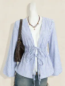 Women's Casual Flare Sleeve Shirt Blouse with Adjustable Striped Fitted Waistband, Long Sleeve Lining Design, Spring & Fall Fashion