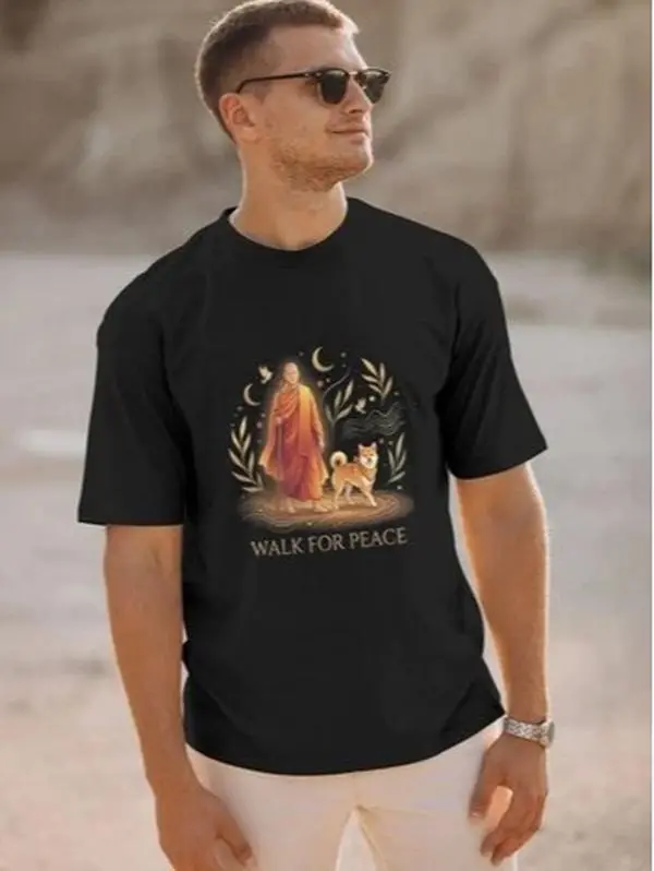Walk For Peace Monk & Dog T-Shirt - Zen Spiritual Graphic Tee