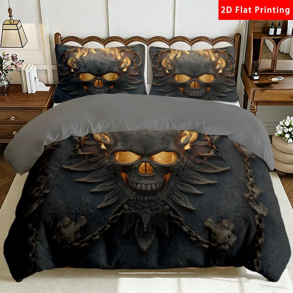 2/3 Pcs 2D Flat Flame Skull Chains Milk Velvet Duvet Cover Set Flame Skull Bedding Set Quilt Cover 1 Duvet Cover + 1/2 Pillowcases Flame Skull Top Sheet Decorative Bedding Bedroom Decor The Preferred Pick for Bedding