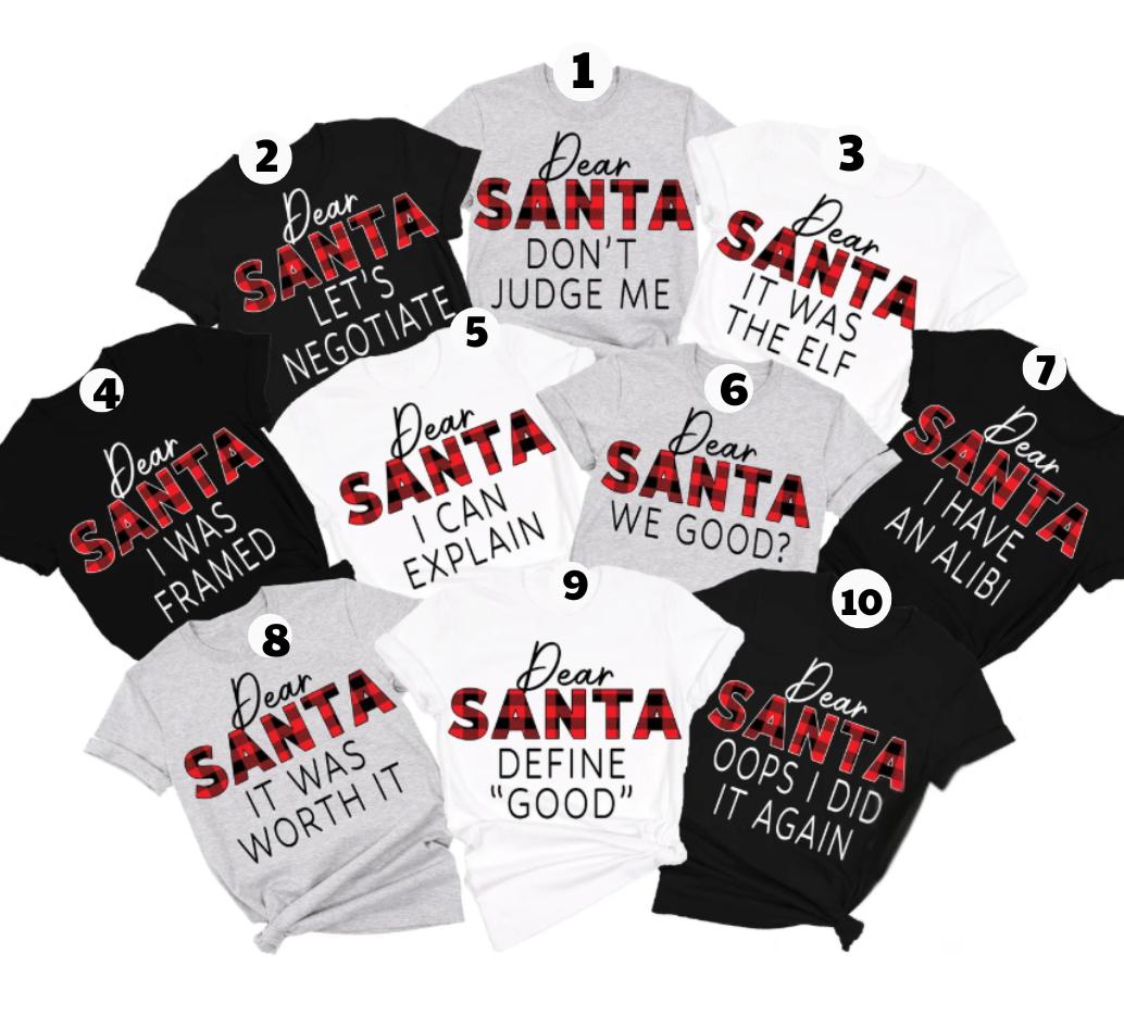 Custom Dear Santa Funny Christmas Shirts, Plaid Lettering Holiday Tees, Cute Sarcastic Xmas Tops, Matching Family Christmas Outfits, Humor Graphic Gifts