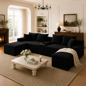 Oversized Black Corduroy Modular L-Shaped Sectional Sofa with Ottoman, Cup Holders, Deep Seat, Convertible Block Design – Multi-Piece Free-Combining Lounge for Living Room Big Family Gatherings, Modern Minimalist Indoor Furniture