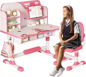BlueLans Desk and Chair Set, Study Table and Chair, Desk for Kids,Desks with Golden Distance Design, Homeschooling Writing Desk with Desktop for Boys and Girls (Pink & Blue)