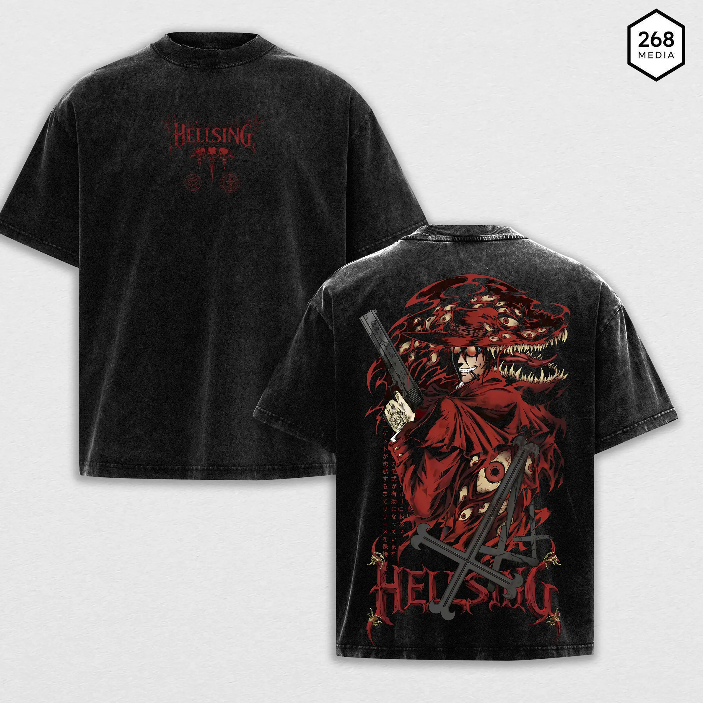 Alucard Hellsing Oversized T-shirt, Vintage Washed Heavyweight 230gsm Cotton with Red Graphic, Unisex Anime Fan Apparel with Seamless Collar