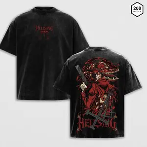 Alucard Hellsing Ultimate Vampire King Red Aesthetic Double Printed Vintage Washed Tee Unisex Oversize Heavyweight Cotton T-shirt Gift For Anime Fan