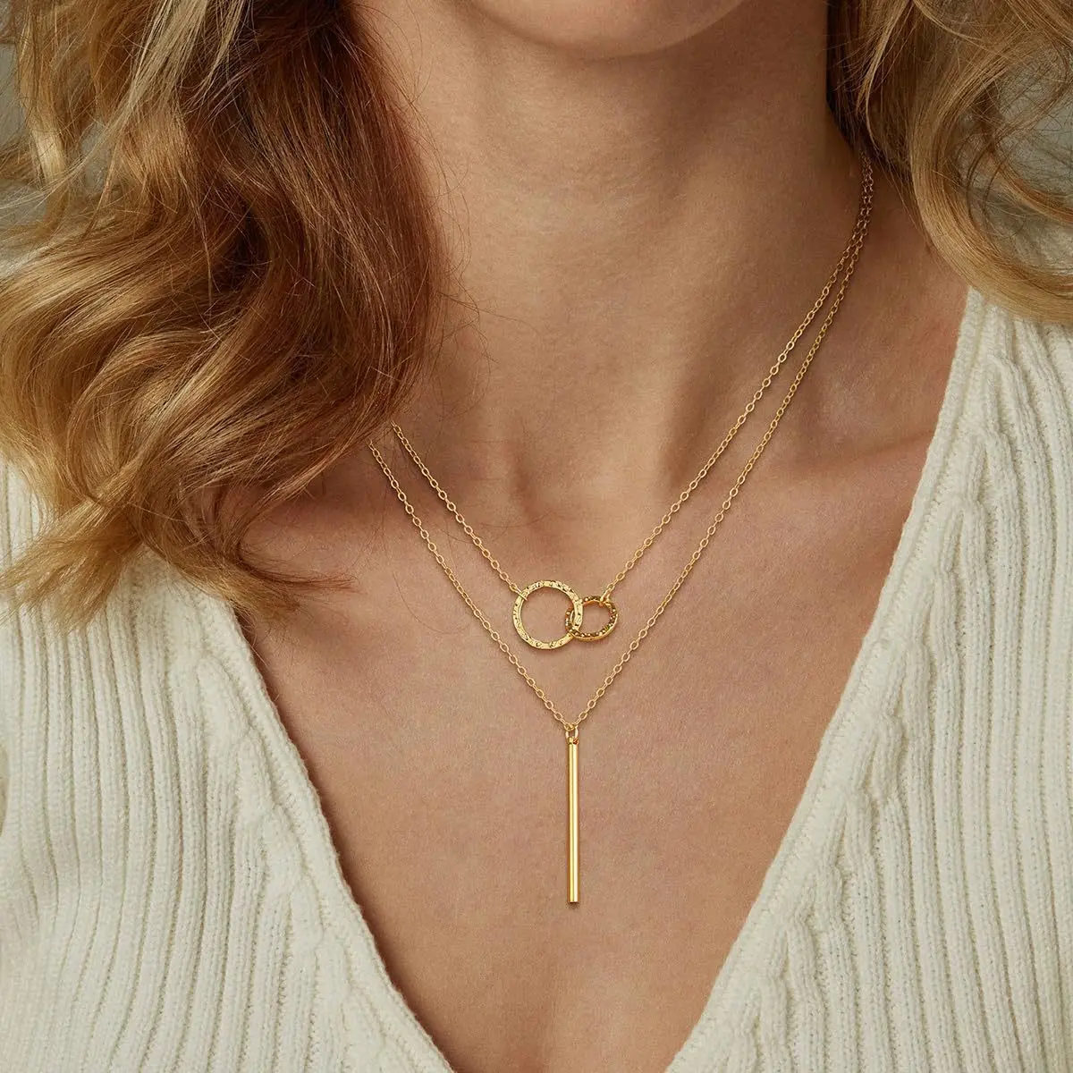 Golden circle stick double layered neckl