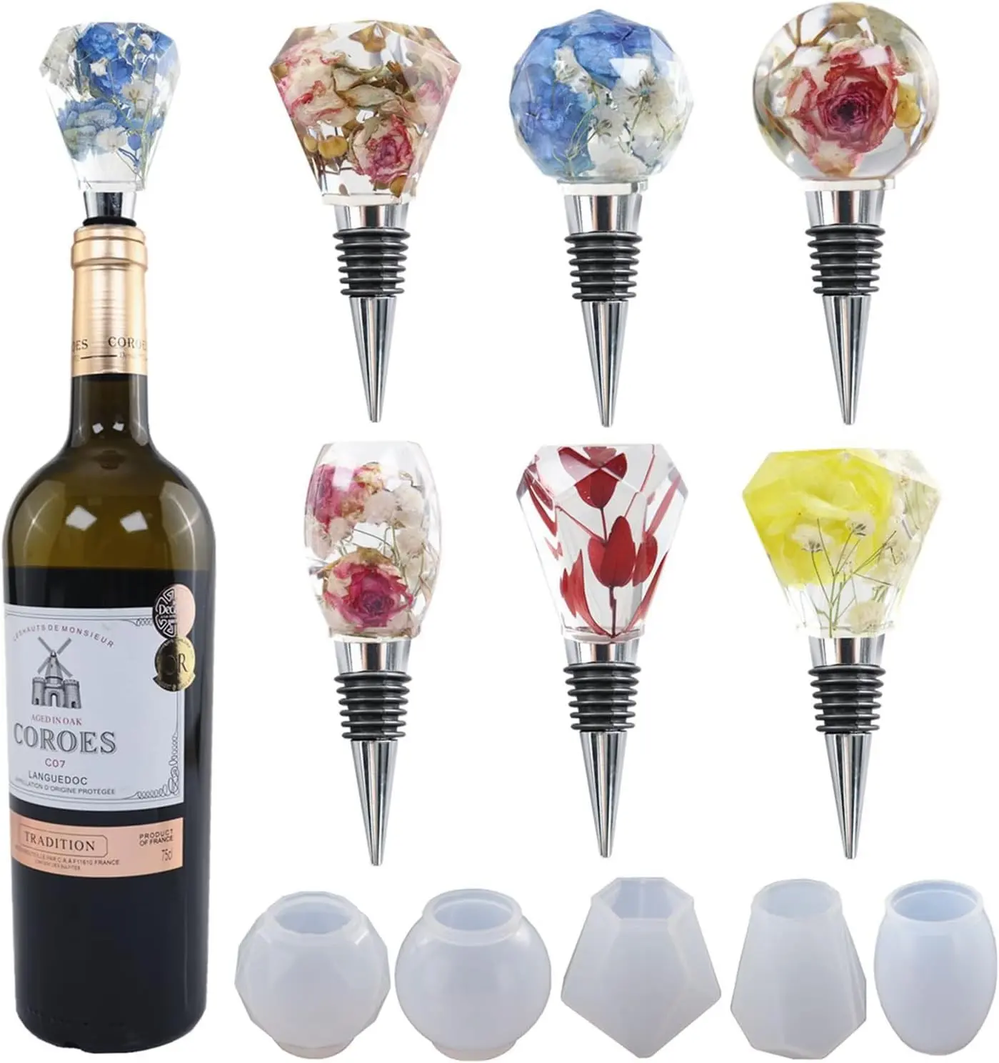 10 Pack Wine Stopper Resin Casting Mold Accessories - 5 Molds + 5 Accessories for Soap Making, Candle Making, Resin Making