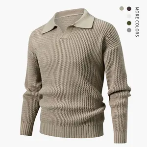 Men's solid color off shoulder knitted sweater, autumn and winter regular fit casual long sleeved jumper, men's sweater, men's knitted daily top beige fashionable men's classic elegant simple autumn fresh lapel top V-neck