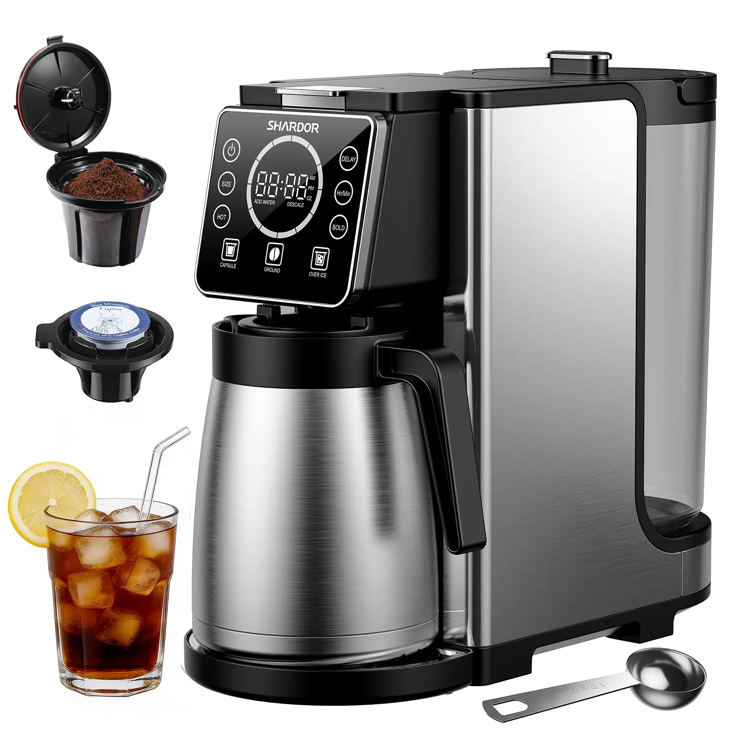 Programmable 5-Cup Drip Coffee Maker, Single Serve Hot & Iced Coffee Machine Compatible with K-Cup & Ground Coffee, 95oz Removable Water Reservoir, 6–24oz Adjustable Brew Size, Strong Brew Mode, Stainless Steel Thermal Carafe – Black